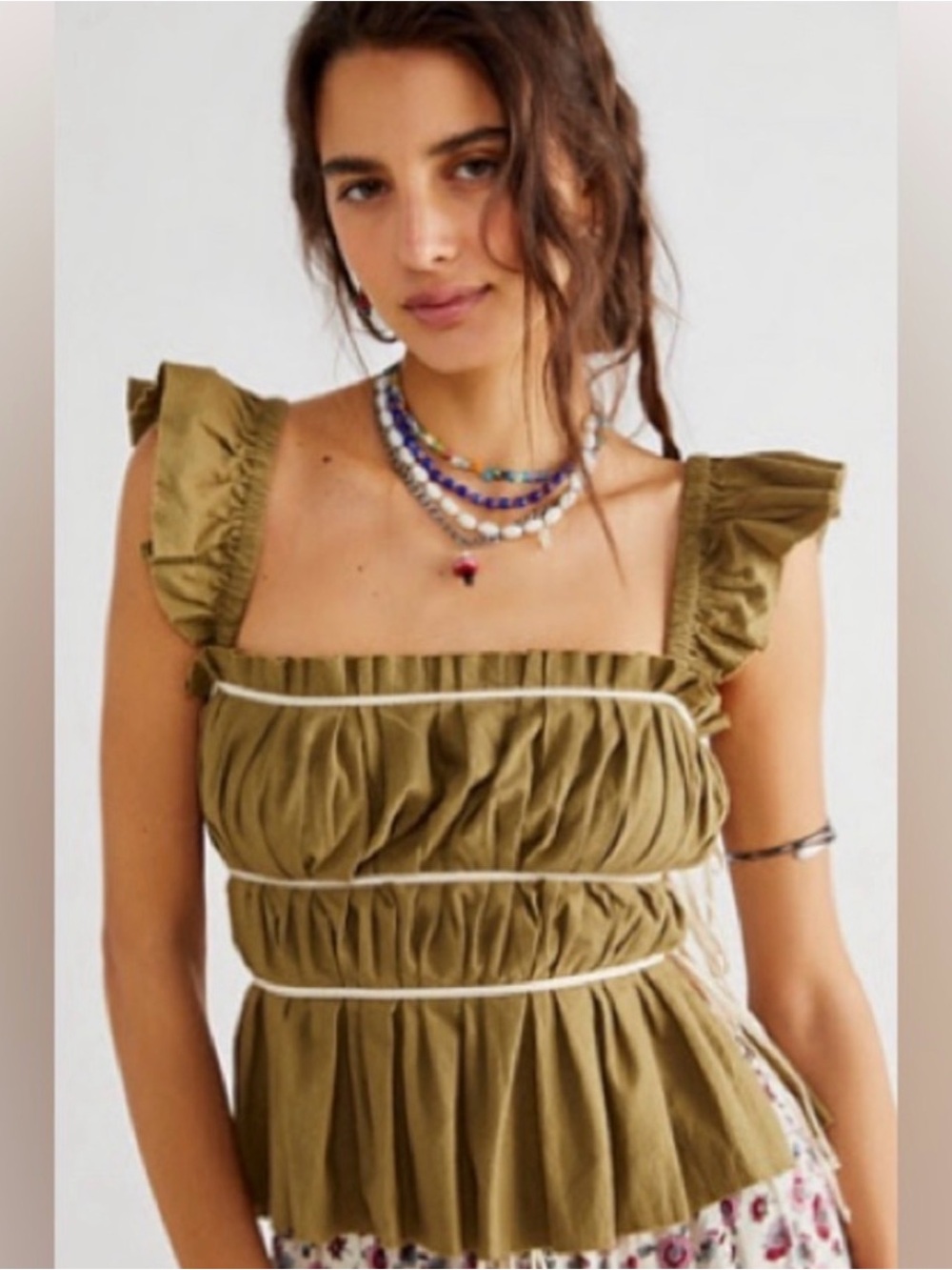 Free People Olive Claude Corset Ruffle Sleeve Peplum Top